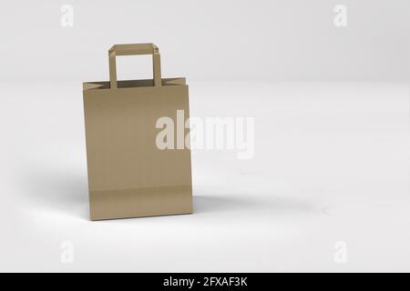 Nahaufnahme der Einkaufstasche aus Bastelpapier mit Griffen auf weißem Hintergrund, 3d Rendering isolierte Illustration. Passend für Ihr Element Design Stockfoto