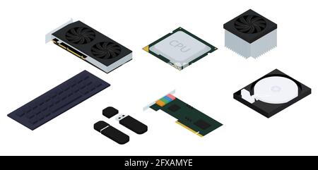 Computer isometrische Teile Vektor Grafik Hardware Illustration isoliert auf weiß. Stock Vektor