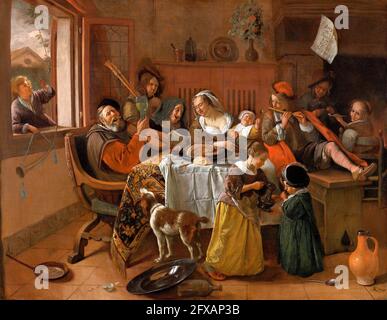 Jan Steen. „The Happy Family“ des niederländischen Künstlers aus dem Goldenen Zeitalter, Jan Havickszoon Steen (c. 1626 1679), Öl auf Leinwand, um 1668 Stockfoto