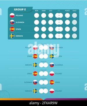 Anzeigetafel der Gruppe E des europäischen Fußballturniers 2020. Alle Spiele entsprechen dem Zeitplan. Vektorflagge der Gruppe E. Stock Vektor