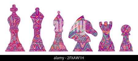 Bunte Sammlung King, Queen, Bishop, Knight, Rook and Pawn Schachfiguren, jede Figur mit ihrem eigenen einzigartigen Muster, isoliert auf Weiß. Stock Vektor