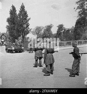 Ein britischer Aufrüster der 49. West Riding Infantry Division nähert sich einigen noch bewaffneten deutschen Soldaten., 7. Mai 1945, Befreiung, Kriegsgefangene, Zweiter Weltkrieg, Waffen, Niederlande, Foto der Presseagentur des 20. Jahrhunderts, zu erinnerende Nachrichten, Dokumentation, historische Fotografie 1945-1990, visuelle Geschichten, Menschliche Geschichte des zwanzigsten Jahrhunderts, Momente in der Zeit festzuhalten Stockfoto