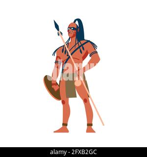 Bewaffnete Ureinwohner afrikanischer Stämme, australische und amerikanische Ureinwohner, Stammesmitglied in traditioneller Kleidung mit Speer und Schild in seinem Stock Vektor