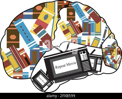 Illustration eines Gehirns gefüllt mit Büchern und einem Fernseher, der zeigt, dass der gleiche Film in unserem Gehirn wiederholt, isoliert auf weiß Stock Vektor