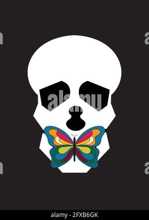 Abbildung eines Schädels mit einem Schmetterling als Maul, isoliert auf schwarzem Hintergrund Stock Vektor