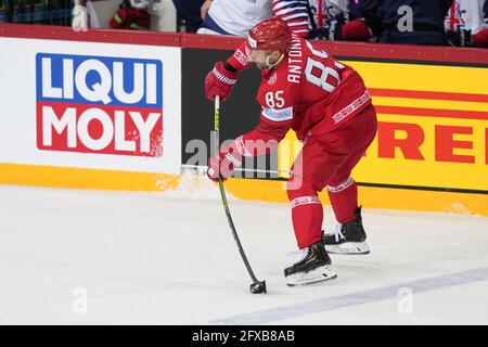 Riga, Olympisches Sportzentrum, Lettland. Mai 2021. Weißrussland vs Großbritannien (Eishockey-Weltmeisterschaft 2021 IIHF), #85 Dreharbeiten von Andrei Antonov (Lettland) (Schweiz/Kroatien OUT) Quelle: SPP Sport Pressefoto. /Alamy Live News Stockfoto