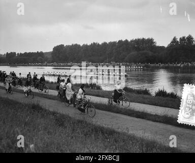 Internationale Ruderrennen Bosbaan. Ziel jung 8B, 10. Juni 1956, Ruderregatten, Ziel, Niederlande, Presseagentur des 20. Jahrhunderts, Foto, Nachrichten zum erinnern, Dokumentarfilm, historische Fotografie 1945-1990, visuelle Geschichten, Menschliche Geschichte des zwanzigsten Jahrhunderts, Momente in der Zeit festzuhalten Stockfoto