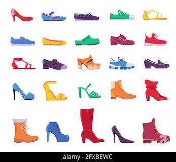 Schuhe und Stiefel. Sommer und Herbst Mode Schuhe für Mann oder Frau. Legerer und formeller Lederschuh, Sneakers und Pumps, flaches Vektor-Set Stock Vektor