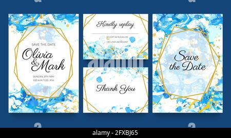 Aquarell Hochzeit Einladungskarten. Blaue und goldene Einladungsvorlagen mit flüssigen Farbspritzern und goldenen Rahmen. Speichern Sie den Datumsvektorsatz Stock Vektor