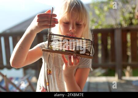 Blonde Mädchen Blick auf die Maus im Käfig während des sonnigen Tages Stockfoto