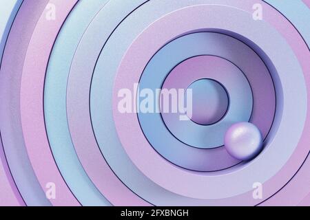 Dreidimensionales Rendern von kleinen Kugeln, die auf blauen und violetten überlappenden Ringen balancieren Stockfoto