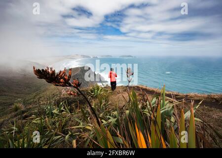 Ein eindringlicher Mann, der den Blick auf den Pazifischen Ozean vom Rand der Küstenklippe bei CapeÂ Reinga aus bewundert Stockfoto