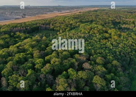 Luftaufnahme des Hambacher Waldes und im Hintergrund Der nahegelegene Freiplatz Hambach Stockfoto