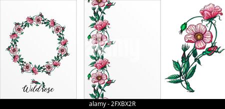 Eine Reihe von Postkarten mit Rosenblumen. Rosa Blüten. Rose. Stock Vektor