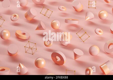 Dreidimensionales Muster aus Kugeln, Kegeln, Ringen, Würfeln und Zylindern, die vor rosa Hintergrund schweben Stockfoto
