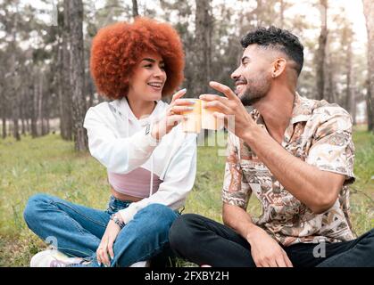 Junger Mann und schöne Frau beim Toasten von Gläsern, während sie im Wald sitzen Stockfoto