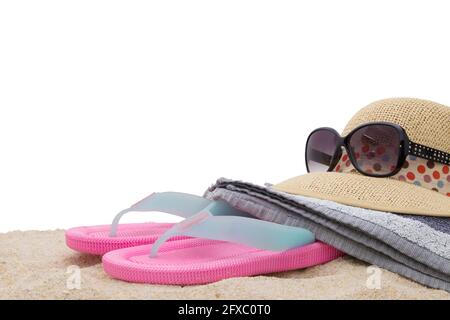 Isolierte weiße Strand-Accessoires und Accessoires Stockfoto