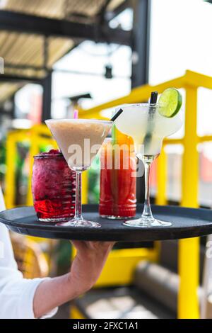 Barkeeperin hält ein Tablett mit Cocktails in der Bar Stockfoto