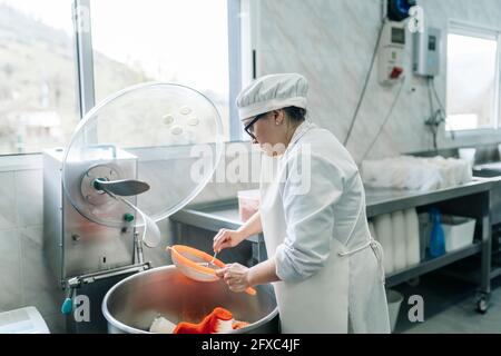 Käseexpertin, die das Sieb im Werk verwendet Stockfoto