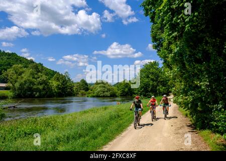 Deutschland, Bayern, Duggendorf, drei Erwachsene radeln am Ufer des Naab entlang Stockfoto