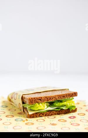 Sandwich in Bienenwachs-Tuch vor weißem Hintergrund gewickelt Stockfoto