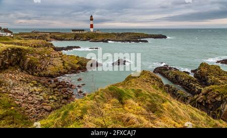 Felsen am Buchan Ness Vorgewende mit Leuchtturm am Boddam Aberdeenshire Schottland Großbritannien an der Nordsee. Stockfoto