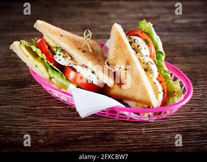 Studioaufnahme von zwei vegetarischen Sandwiches mit Caprese-Salat, Tomaten, Mozzarella und Salat Stockfoto