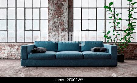 Dreidimensionale Darstellung eines modernen Sofas, das vor den Fenstern im Industrieloft steht Stockfoto
