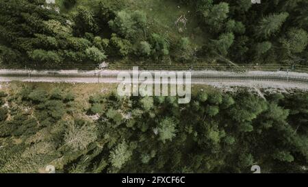Straßenbahnschienen inmitten von Wäldern auf der Zugspitze, Bayern, Deutschland Stockfoto