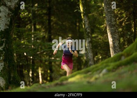 Unbeschwerte Sportlerin, die im Wald gegen Bäume läuft Stockfoto