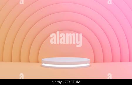 Podium mit Licht auf bunten rosa und gelben Kreisen Muster Hintergrund für den Sommer sonnig. Leere Podestplattform. 3D-Rendering. Stockfoto