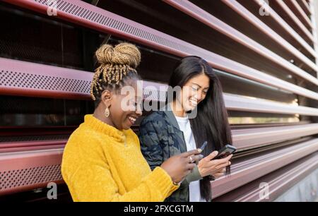 Freundinnen, die das Smartphone an der Wand benutzen Stockfoto