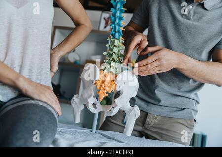 Männlicher Physiotherapeut erklärt weiblichen Patienten in der Praxis das Wirbelsäule- und Hüftmodell Stockfoto