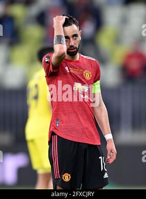 Bruno Fernandes von Manchester United reagiert während des Finales der UEFA Europa League im Danziger Stadion in Polen. Bilddatum: Mittwoch, 26. Mai 2021. Stockfoto