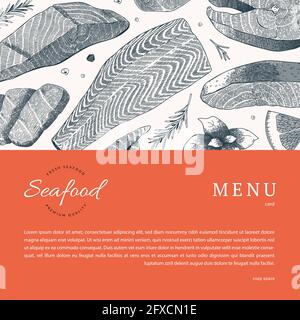Meeresfrüchte-Restaurant-Menü-Cover mit Logo, Vektor-Vorlage mit Lachs Fisch handgezeichnete Tinte Illustrationen, moderne Vektor-Banner, Cross-Schraffur Vintage Stock Vektor
