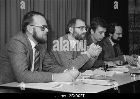 Pressekonferenz PvdA in Nieuwspoort, von links nach rechts Buurmeier (2. Parlamentsmitglied), Van Velzen (secr. PvdA), De Jong (Sprecher PvdA) und Kruyt, 17. Februar 1981, Pressekonferenzen, 20. Jahrhundert Presseagentur Foto, Nachrichten zu erinnern, Dokumentarfilm, historische Fotografie 1945-1990, visuelle Geschichten, Menschliche Geschichte des zwanzigsten Jahrhunderts, Momente in der Zeit festzuhalten Stockfoto