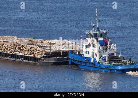 Im Sommer transportiert die Barge Fracht, Holzstämme entlang des Flusses. Stockfoto