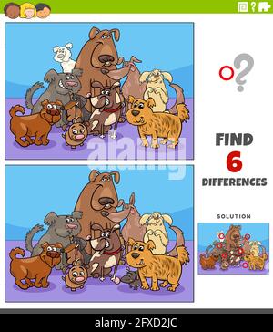 Cartoon Illustration der Suche nach den Unterschieden zwischen Bildern Lernspiel Mit Comic-Hunde Tierfiguren Gruppe Stock Vektor