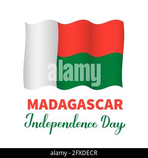 Madagaskar Unabhängigkeitstag Schriftzug mit Fahne isoliert auf weiß. Nationalfeiertag am 26. Juni. Vektorvorlage für Banner, Typografie-Post Stock Vektor
