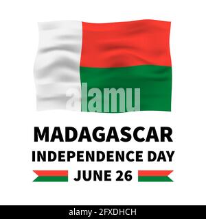 Madagaskar Unabhängigkeitstag Schriftzug mit Fahne isoliert auf weiß. Nationalfeiertag am 26. Juni. Vektorvorlage für Typografie-Poster, Bann Stock Vektor