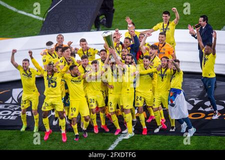 Danzig, Polen. Mai 2021. Die Spieler von Villarreal feiern das Finale der UEFA Europa League zwischen Villarreal CF und Manchester United in Danzig, Polen, am 26. Mai 2021. Quelle: Lukasz Laskowski/Xinhua/Alamy Live News Stockfoto