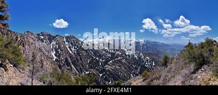 Wasatch Front Mount Olympus Peak Wanderweg inspirierende Aussichten im Frühling über Bonneville Shoreline, Rocky Mountains, Salt Lake City, Utah. Usa Stockfoto