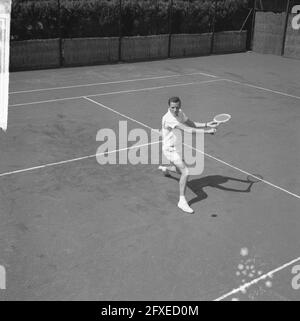 Tennis in Santpoort, Tom Okker in Aktion, 30. Juli 1965, TENNIS, Niederlande, 20. Jahrhundert Presseagentur Foto, Nachrichten zu erinnern, Dokumentarfilm, historische Fotografie 1945-1990, visuelle Geschichten, Menschliche Geschichte des zwanzigsten Jahrhunderts, Momente in der Zeit festzuhalten Stockfoto
