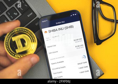 SHIBA INU Canine Krypto Währung Hintergrund, Handy für den Handel und Austausch neuer virtueller Geld, hält der Mensch Dogecoin in der Hand Stockfoto