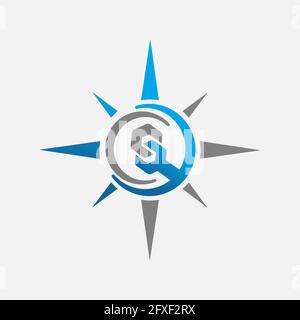 Kompass Zeichen mit Schlüssel Sanitär Logo Design Suche Klempner Vektor Konzeptdarstellung Stock Vektor