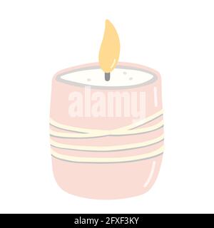 Brennende Duftkerze in einem Glas isoliert auf weißem Hintergrund. Niedliche Vektor handgezeichnete Illustration im Cartoon-Stil. Stock Vektor
