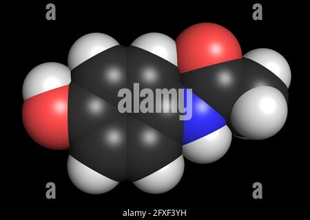 Paracetamol Acetaminophen Medikamentenmolekül 3D rendern chemische Struktur Stockfoto