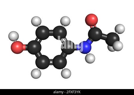 Paracetamol Acetaminophen Medikamentenmolekül 3D rendern chemische Struktur Stockfoto