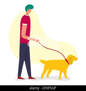 Mann beim Gehen mit seinem Hund Vektor-Illustration in flachem Stil Stock Vektor