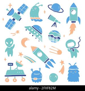 Niedlich Cartoon Space set, Rakete, Astronaut, Planet, ufo, Alien. Handgezeichnete Vektorgrafik für Kinder. Weltraumabenteuer, Weltraumforscher, Technologie, Raumschiffkonzept. Stock Vektor
